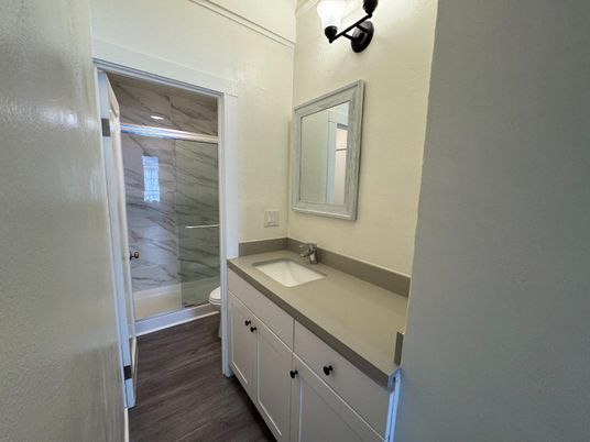 Bathroom, Interior, Marble Walls, Wood Texture Flooring