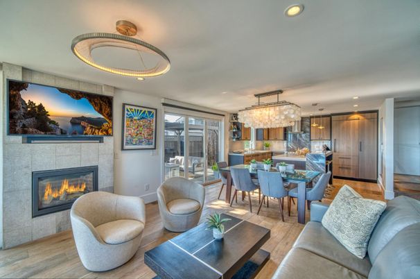 Chandelier, Dining room, Fireplace, Interior, Living room, Recessed Lighting, Wood Texture Flooring