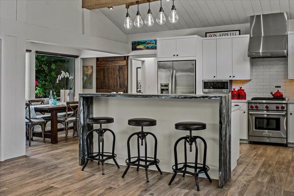 Dining room, Interior, Kitchen, Pendant Lights, Stainless Steel Appliances, Wooden Beams, Wood Texture Flooring