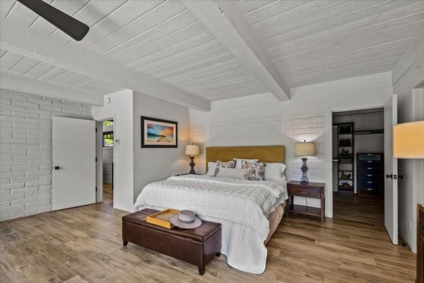 Bedroom, Interior, Stone Walls, Wood Texture Flooring
