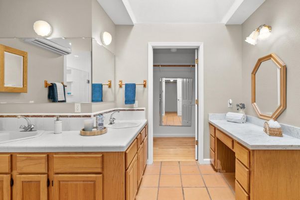 Bathroom, Dual Sink Vanities, Interior, Tile Countertops, Wood Texture Flooring