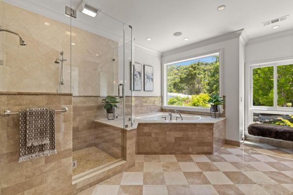 Bathroom, Dual Sink Vanities, Glass Shower, Interior, Recessed Lighting