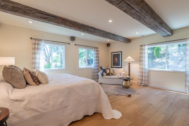 Bedroom, Interior, Recessed Lighting, Wooden Beams, Wood Texture Flooring