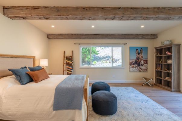 Bedroom, Interior, Recessed Lighting, Wooden Beams, Wood Texture Flooring
