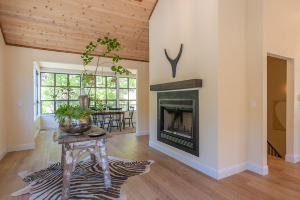 Dining room, Fireplace, Interior, Wooden Ceilings, Wood Texture Flooring