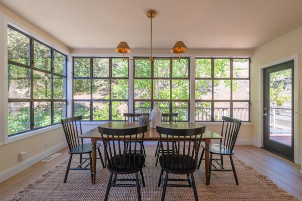 Dining room, Interior, Pendant Lights, Sun Room, Wood Texture Flooring