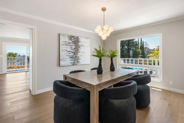 Dining room, Interior, Pendant Lights, Wood Texture Flooring