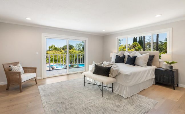 Bedroom, Interior, Recessed Lighting, Wood Texture Flooring