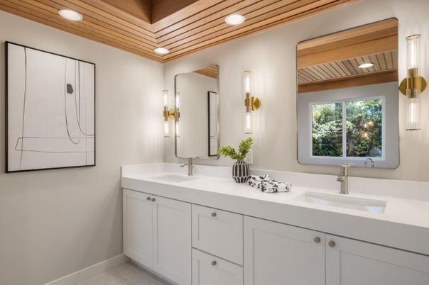 Bathroom, Dual Sink Vanities, Interior, Recessed Lighting, Wooden Ceilings