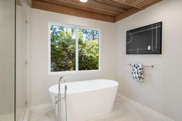 Bathroom, Free Standing Baths, Glass Shower, Interior, Recessed Lighting, Wooden Beams, Wooden Ceilings