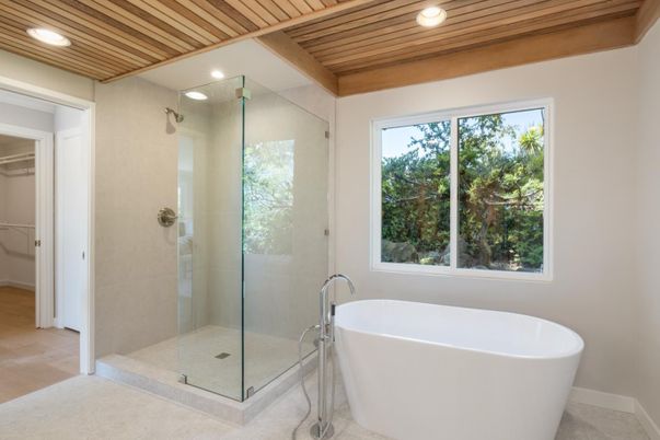 Bathroom, Free Standing Baths, Glass Shower, Interior, Recessed Lighting, Wooden Ceilings