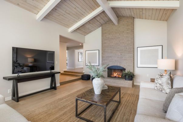 Fireplace, Interior, Living room, Recessed Lighting, Stone Walls, Wooden Ceilings, Wood Texture Flooring