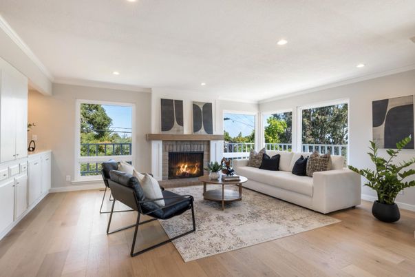 Fireplace, Interior, Living room, Recessed Lighting, Wood Texture Flooring