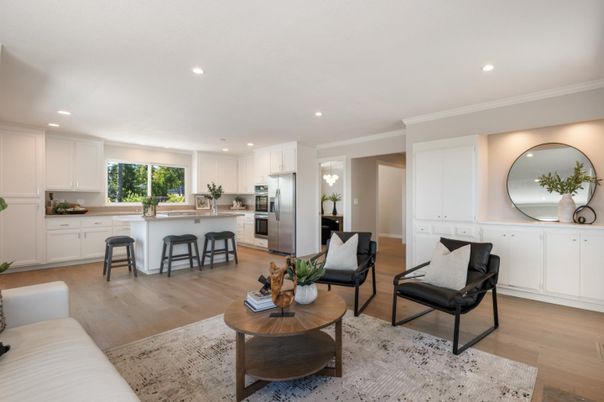 Interior, Kitchen, Living room, Recessed Lighting, Stainless Steel Appliances, Wood Texture Flooring