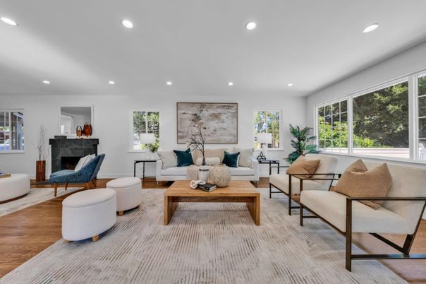 Fireplace, Interior, Living room, Recessed Lighting, Wood Texture Flooring