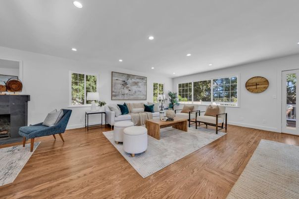 Fireplace, Interior, Living room, Recessed Lighting, Wood Texture Flooring