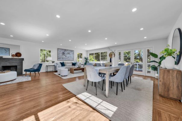 Dining room, Fireplace, Interior, Living room, Recessed Lighting, Wood Texture Flooring