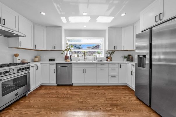 Interior, Kitchen, Recessed Lighting, Stainless Steel Appliances, Wood Texture Flooring