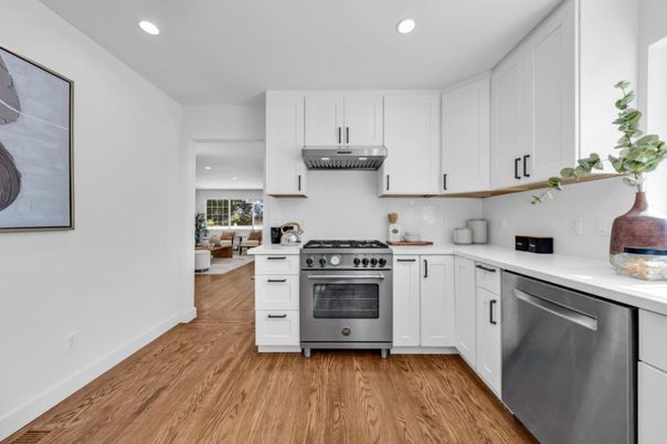 Interior, Kitchen, Recessed Lighting, Stainless Steel Appliances, Wood Texture Flooring