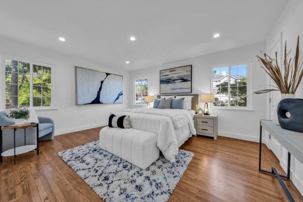 Bedroom, Interior, Recessed Lighting, Wood Texture Flooring