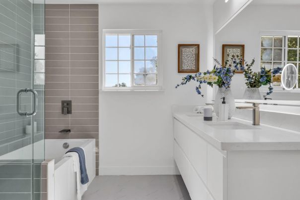 Bathroom, Dual Sink Vanities, Glass Shower, Interior, Marble