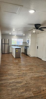Interior, Kitchen, Recessed Lighting, Stainless Steel Appliances, Wood Texture Flooring