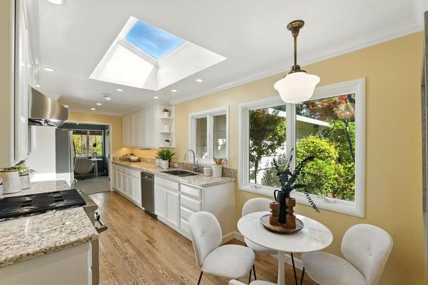 Glass Ceilings, Interior, Kitchen, Pendant Lights, Recessed Lighting, Stainless Steel Appliances, Wood Texture Flooring