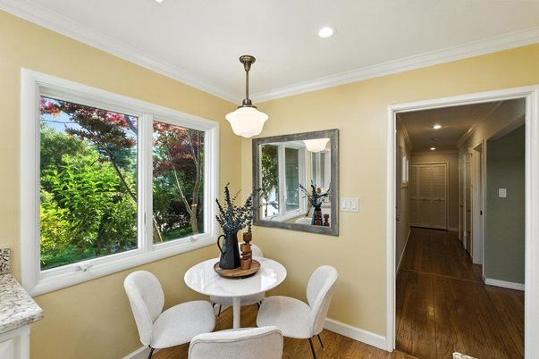 Dining room, Interior, Pendant Lights, Recessed Lighting, Wood Texture Flooring