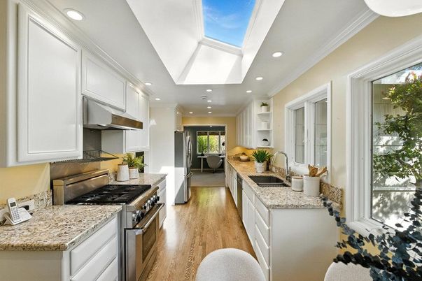 Glass Ceilings, Interior, Kitchen, Recessed Lighting, Stainless Steel Appliances, Wood Texture Flooring
