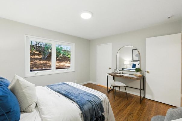 Bedroom, Home Office, Interior, Recessed Lighting, Wood Texture Flooring