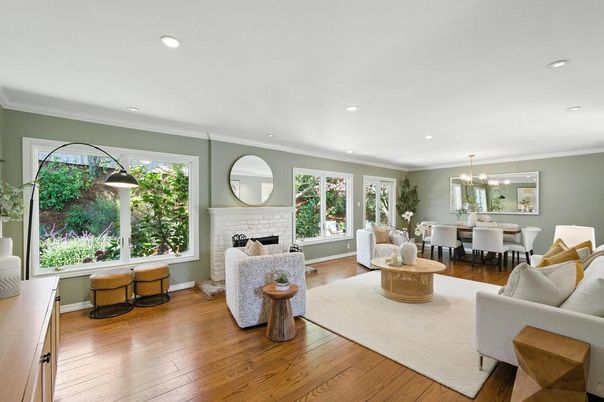 Chandelier, Dining room, Fireplace, Interior, Living room, Recessed Lighting, Wood Texture Flooring