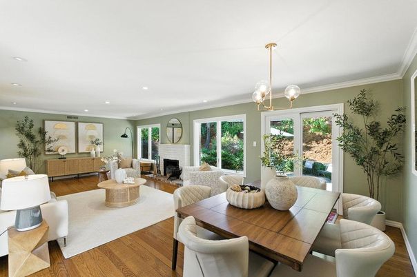 Dining room, Fireplace, Interior, Living room, Pendant Lights, Recessed Lighting, Wood Texture Flooring