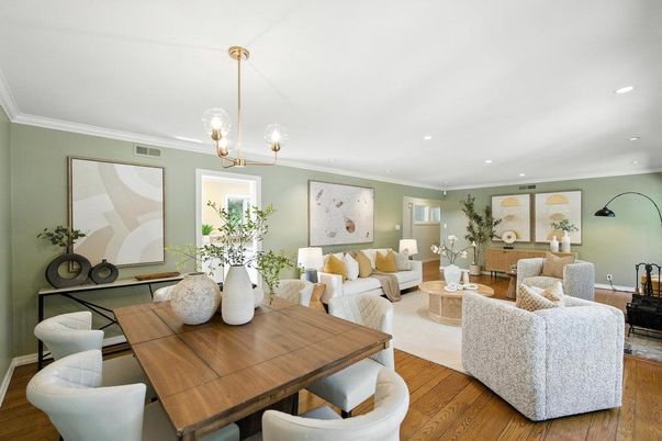 Dining room, Interior, Living room, Pendant Lights, Recessed Lighting, Wood Texture Flooring