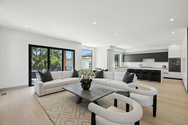 Interior, Kitchen, Living room, Marble Walls, Recessed Lighting, Wood Texture Flooring