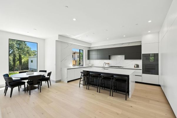 Dining room, Interior, Kitchen, Marble Walls, Recessed Lighting, Wood Texture Flooring