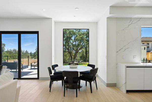Dining room, Interior, Marble Walls, Recessed Lighting, Wood Texture Flooring
