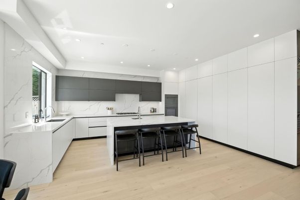 Interior, Kitchen, Marble Walls, Recessed Lighting, Wood Texture Flooring