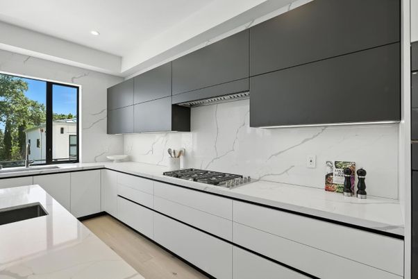 Interior, Kitchen, Marble Walls, Recessed Lighting, Wood Texture Flooring