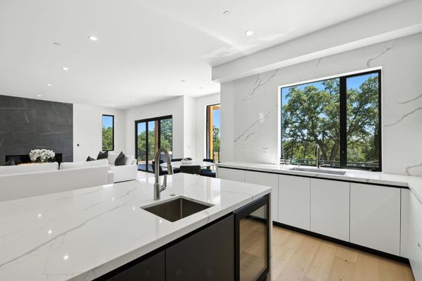 Interior, Kitchen, Living room, Marble Walls, Recessed Lighting, Wood Texture Flooring