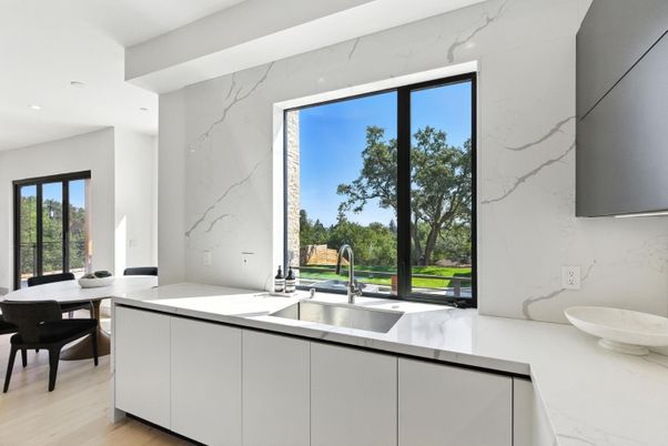 Dining room, Interior, Kitchen, Marble Walls, Recessed Lighting, Wood Texture Flooring