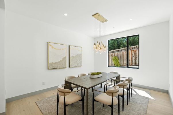 Dining room, Interior, Pendant Lights, Recessed Lighting, Wood Texture Flooring