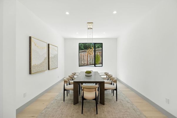 Dining room, Interior, Pendant Lights, Recessed Lighting, Wood Texture Flooring