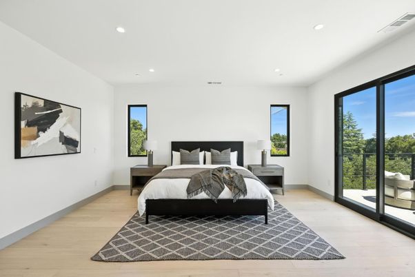 Bedroom, Interior, Recessed Lighting, Wood Texture Flooring