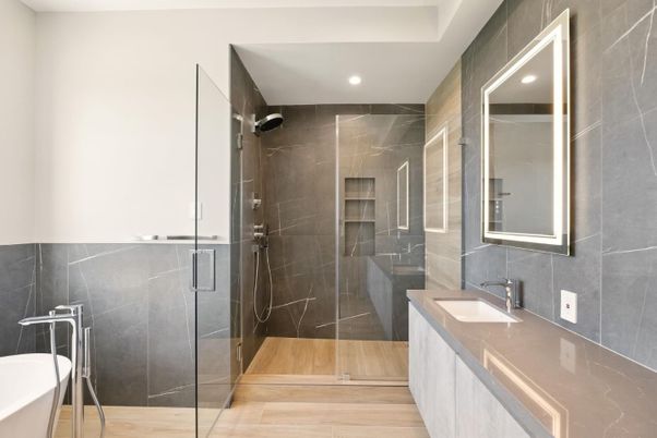Bathroom, Dual Sink Vanities, Glass Shower, Interior, Recessed Lighting, Wood Texture Flooring