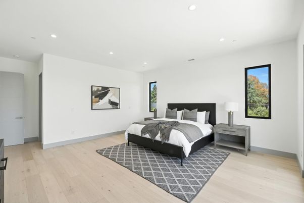 Bedroom, Interior, Recessed Lighting, Wood Texture Flooring
