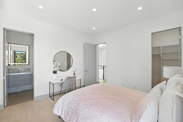 Bedroom, Interior, Recessed Lighting, Wood Texture Flooring