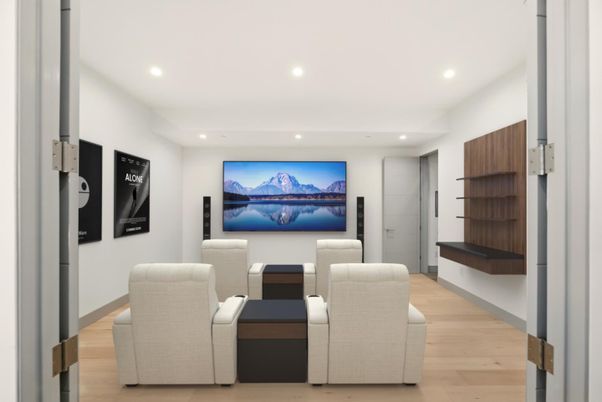 Interior, Recessed Lighting, Theatre Room, Wood Texture Flooring