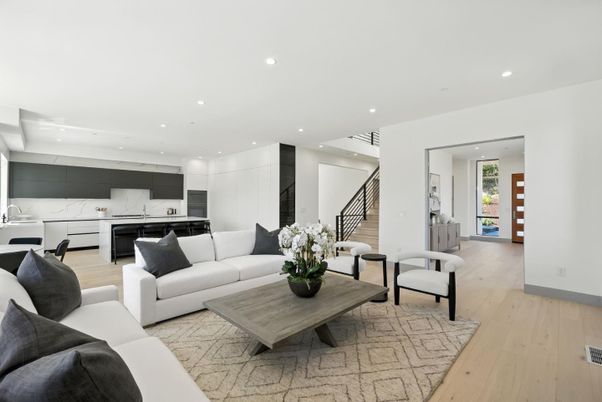Interior, Kitchen, Living room, Marble Walls, Recessed Lighting, Stainless Steel Appliances, Wood Texture Flooring