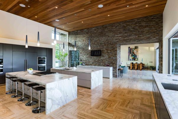 Interior, Kitchen, Pendant Lights, Recessed Lighting, Stainless Steel Appliances, Stone Walls, Wooden Beams, Wooden Ceilings, Wood Texture Flooring