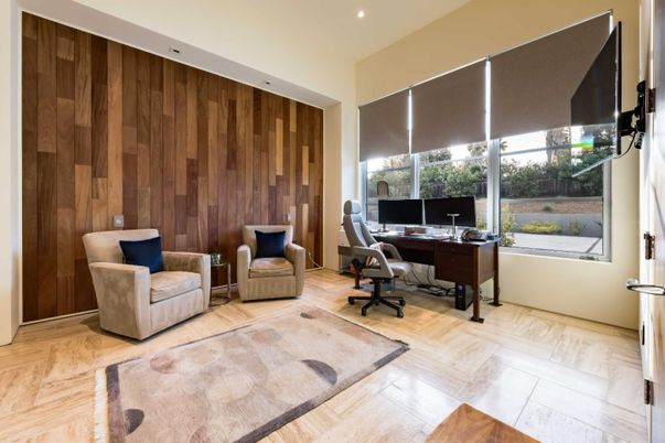 Home Office, Interior, Recessed Lighting, Wood Texture Flooring, Wooden Walls
